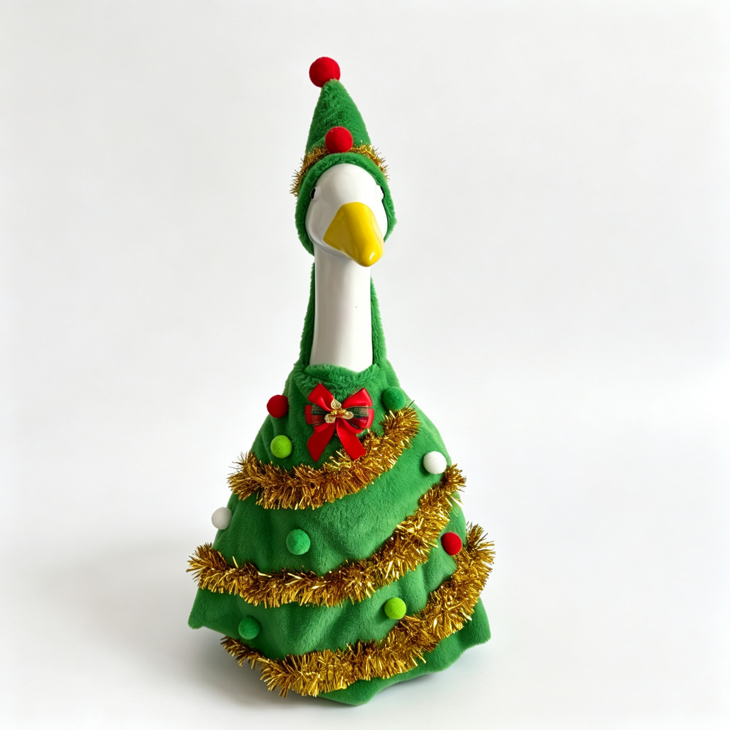Christmas Tree Themed Goose Outfit for 23‑Inch Lawn Goose Statue, Novelty Holiday Figurine Costume with Tinsel & Pom‑Pom Accents, Indoor Outdoor Display Outfit, Goose Statue NOT Included