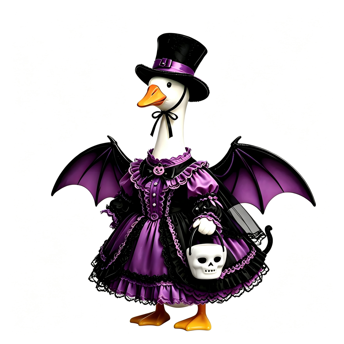 Dark Gothic Lolita‑Style Goose Costume Outfit for 23 Inch Lawn Goose Statue, Spooky Attire with Bat Wings & Top Hat, Whimsical Moody Porch Yard Display Decor, Goose Statue NOT Included