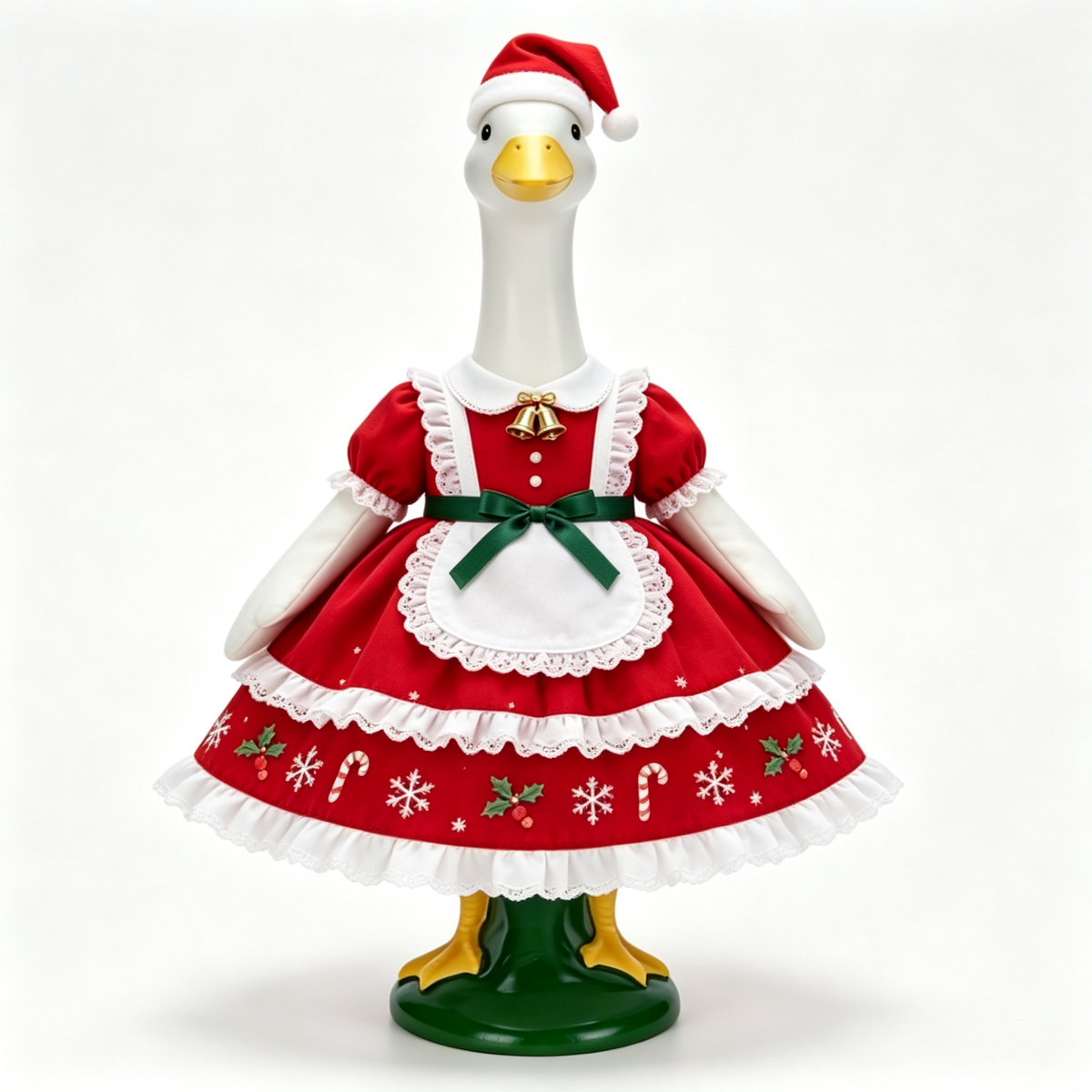 Christmas Themed Goose Outfit for 23‑Inch Lawn Goose Statue, Decorative Figurine Costume with Santa Hat, Bells & Snowflake Print, Yard Porch Display Outfit, Goose Statue NOT Included
