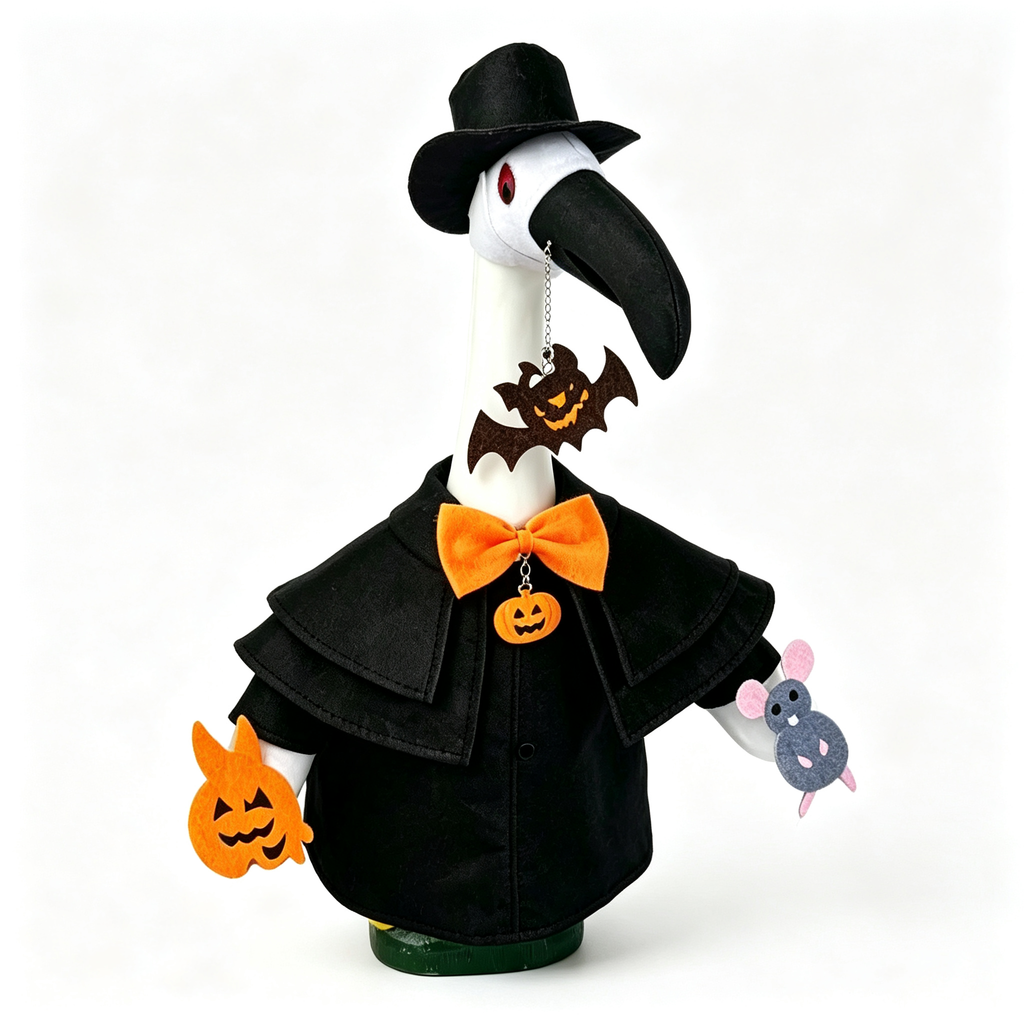 Plague Doctor Halloween Lawn Goose Outfit for 23‑Inch Lawn Goose Statue, Spooky Figurine Costume with Bow Tie & Pumpkin Bat Charms, for Indoor & Porch Display, Goose Statue NOT Included