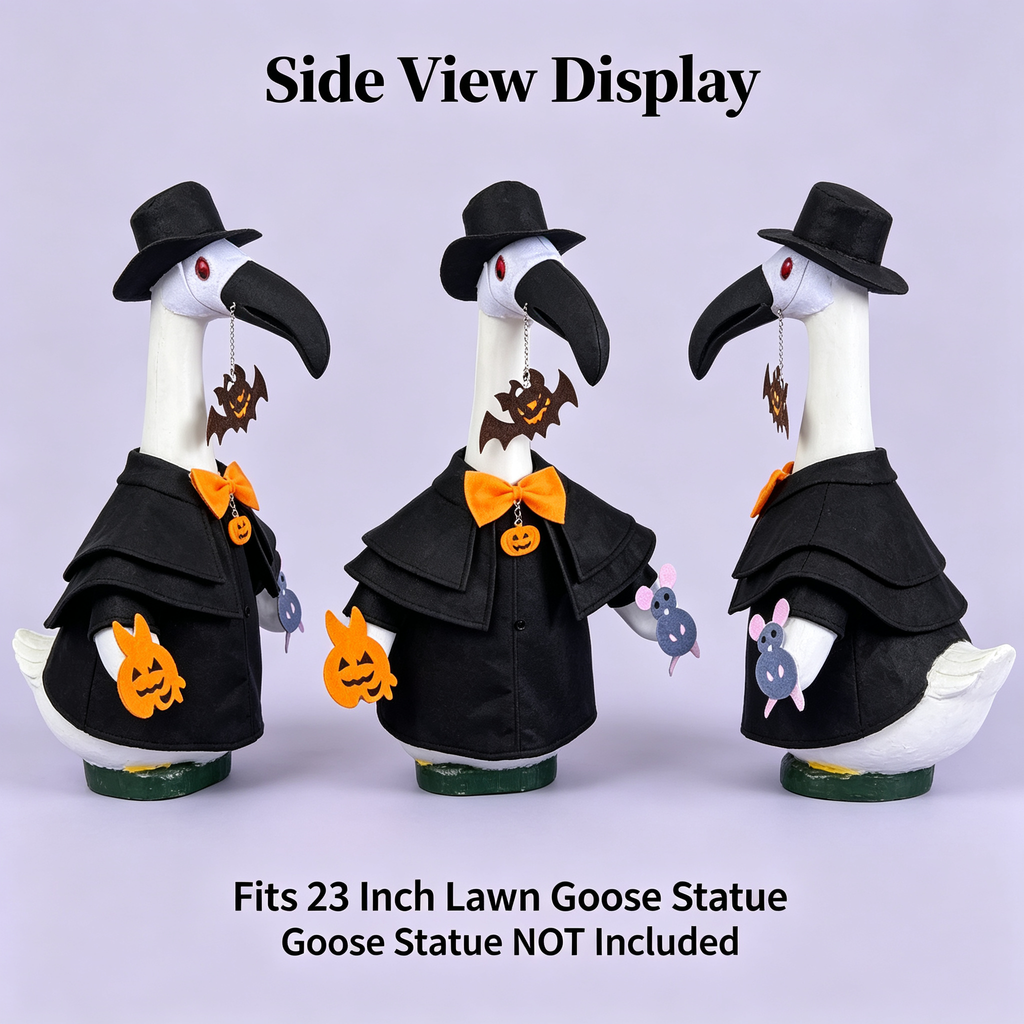 Plague Doctor Halloween Lawn Goose Outfit for 23‑Inch Lawn Goose Statue, Spooky Figurine Costume with Bow Tie & Pumpkin Bat Charms, for Indoor & Porch Display, Goose Statue NOT Included