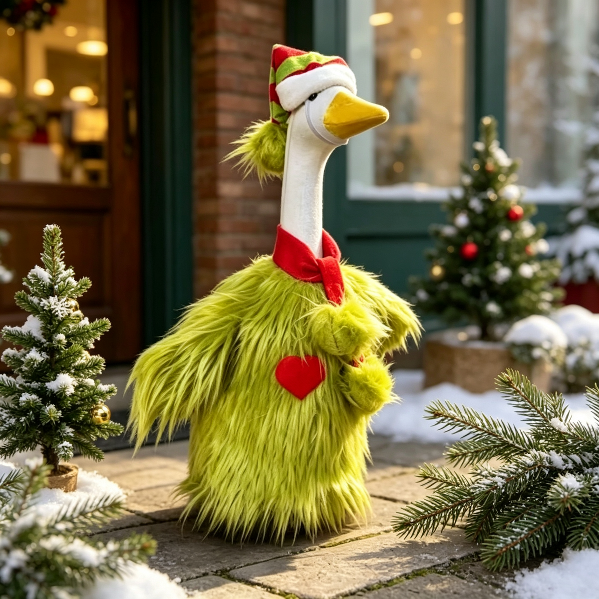 Fun Whimsical Goose Costume Outfit for 23 Inch Lawn Goose Statue, Playful Grinch‑Style Themed Outfit with Striped Hat & Neck Scarf, Quirky Porch Yard Display Decor, Goose Statue NOT Included