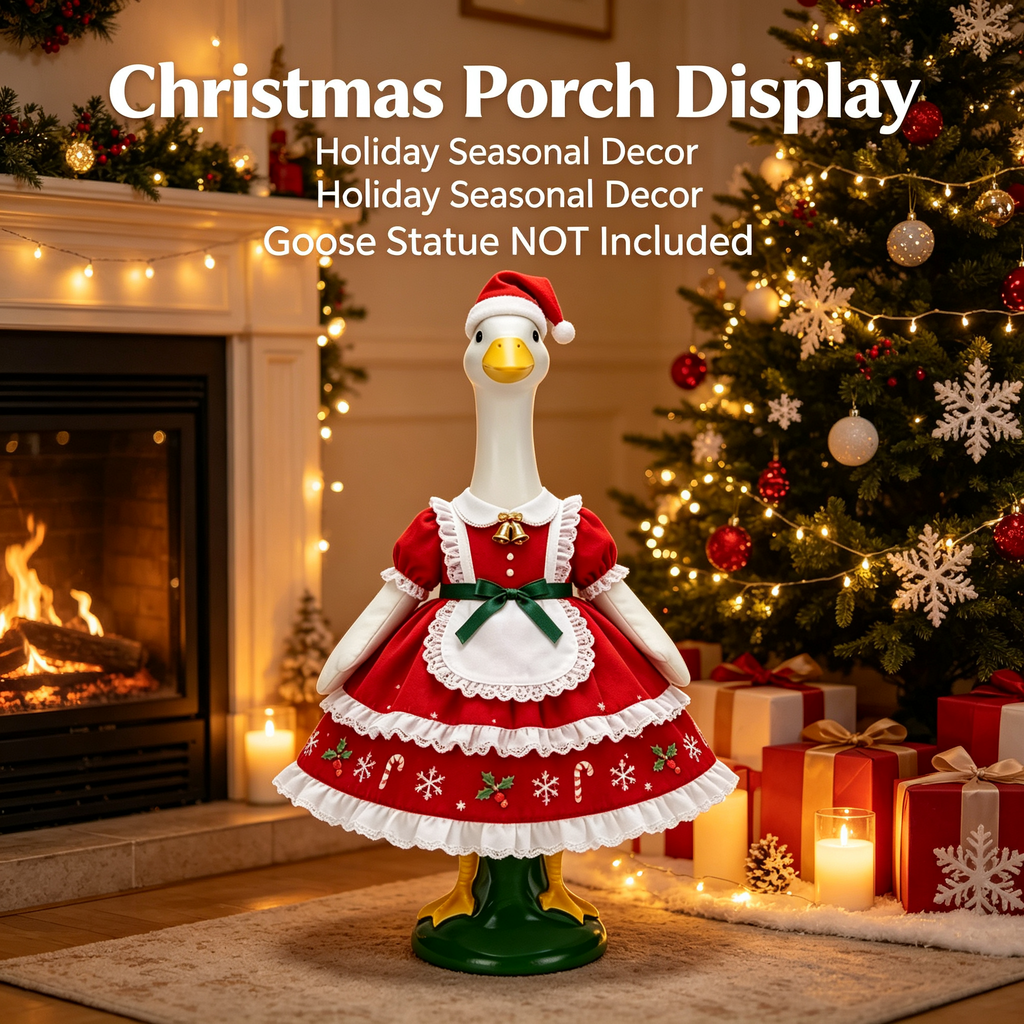 Christmas Themed Goose Outfit for 23‑Inch Lawn Goose Statue, Decorative Figurine Costume with Santa Hat, Bells & Snowflake Print, Yard Porch Display Outfit, Goose Statue NOT Included