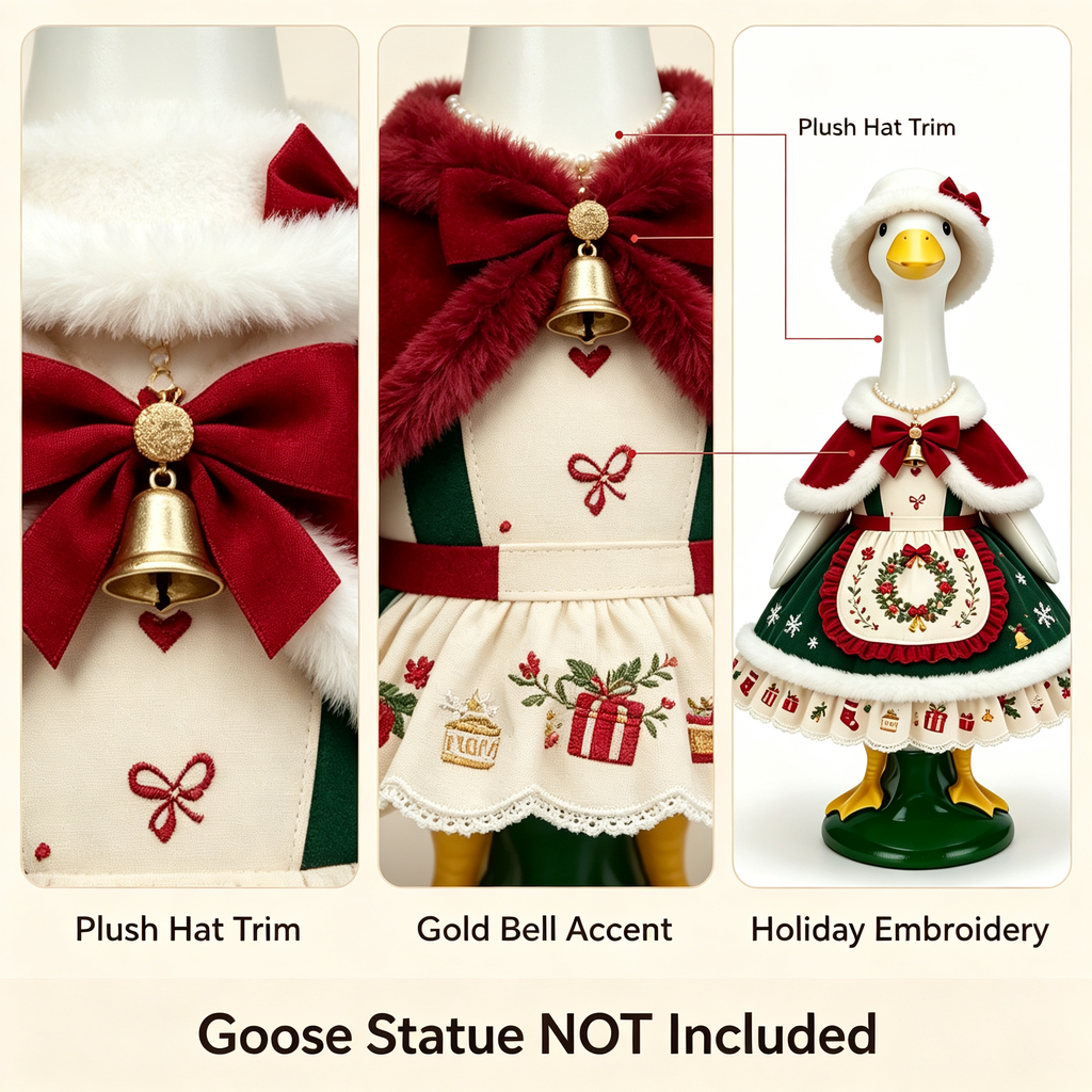 Vintage Christmas Themed Goose Outfit for 23‑Inch Lawn Goose Statue, Holiday Figurine Costume with Wreath Embroidery, Furry‑Trim Hat and Cape, Yard & Porch Display Outfit, Goose Statue NOT Included