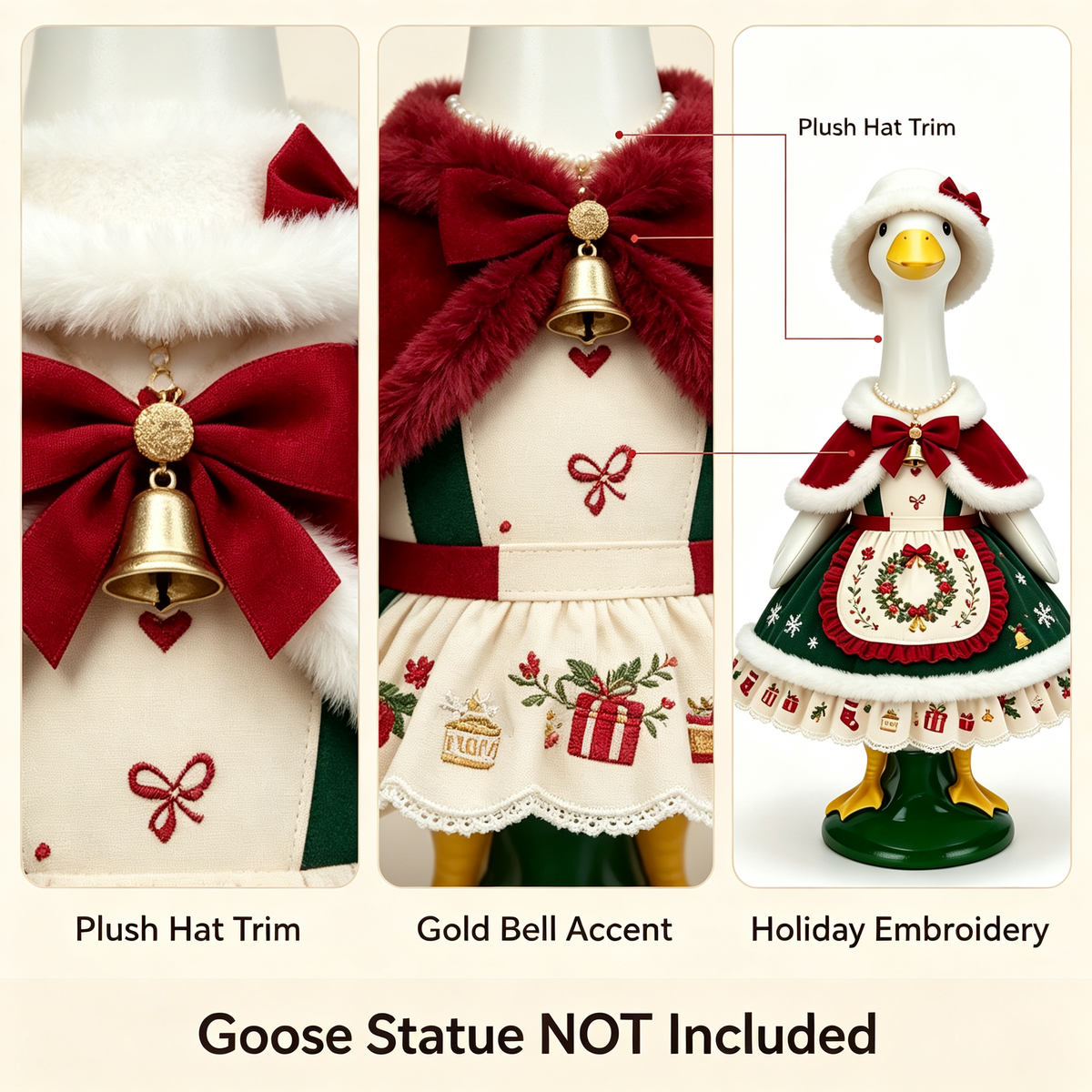 Vintage Christmas Themed Goose Outfit for 23‑Inch Lawn Goose Statue, Holiday Figurine Costume with Wreath Embroidery, Furry‑Trim Hat and Cape, Yard & Porch Display Outfit, Goose Statue NOT Included