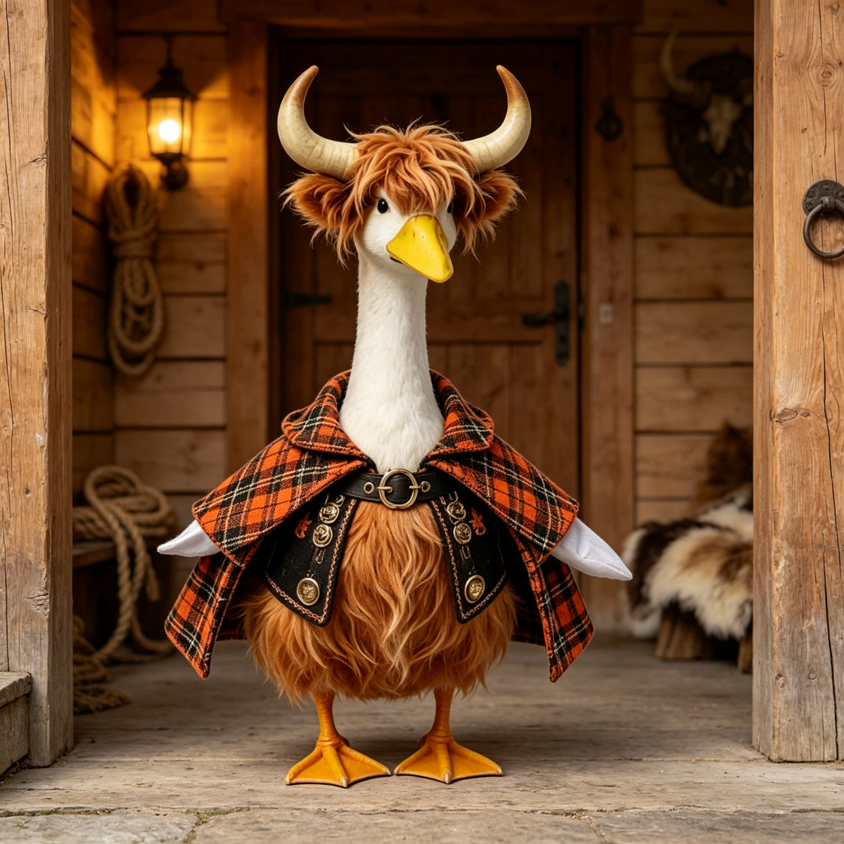 Viking Highland Warrior Goose Costume Outfit for 23 Inch Lawn Goose Statue, Plaid Cape with Horn‑Style Headpiece, Rustic Wild‑Vibe Porch Yard Display Decor, Goose Statue NOT Included
