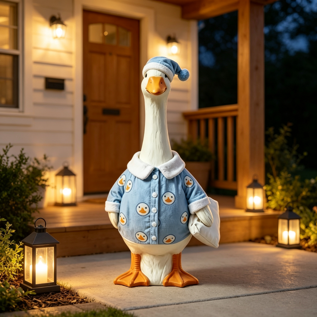 Sleep‑Time Pajama Goose Costume Outfit for 23 Inch Lawn Goose Statue, Cozy Night‑Suit Style Outfit with Sleep Cap & Small Pillow, Whimsical Porch Indoor Display Decor, Goose Statue NOT Included