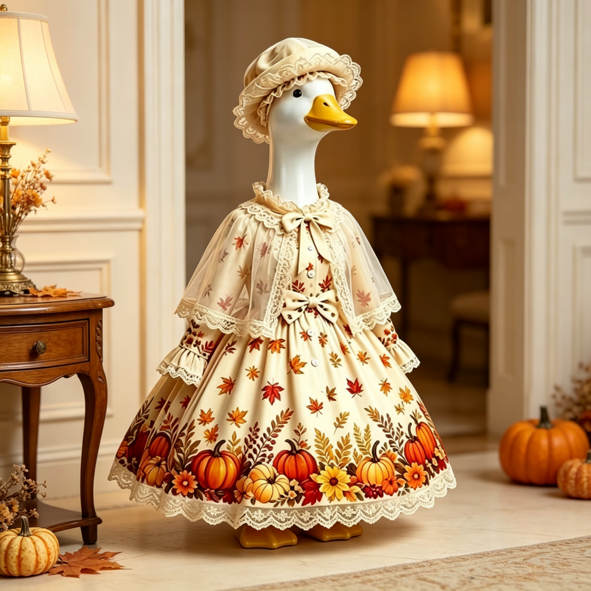 Vintage Autumn Palace‑Style Goose Costume Outfit for 23 Inch Lawn Goose Statue, Fall Themed Dress with Lace Cape & Beret Hat, Retro Porch Garden Seasonal Display Decor, Goose Statue NOT Included