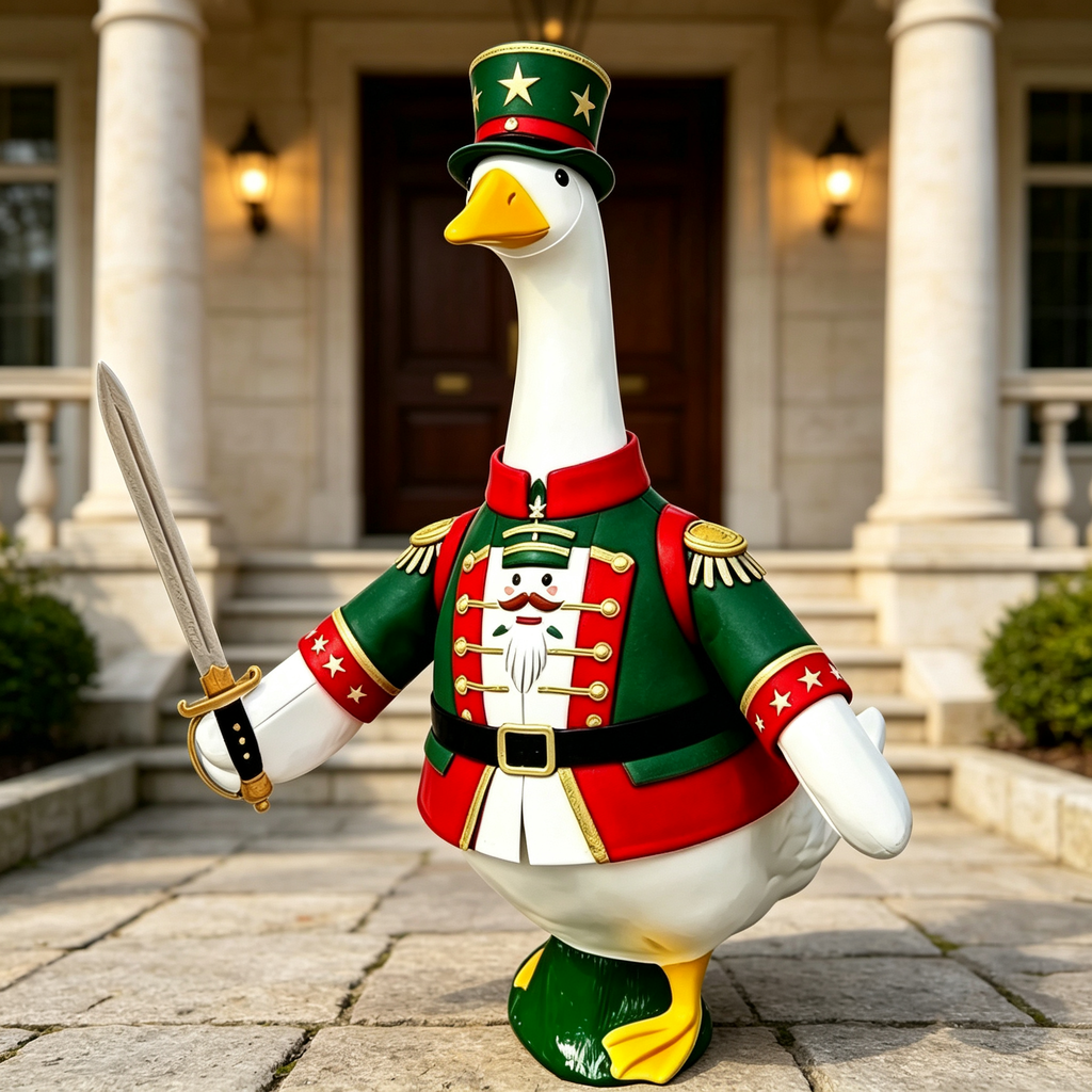 Guard Soldier‑Style Goose Costume Outfit for 23 Inch Lawn Goose Statue, Military Uniform Attire with Tall Hat & Sword Accent, Stately Porch Yard Display Decor, Goose Statue NOT Included