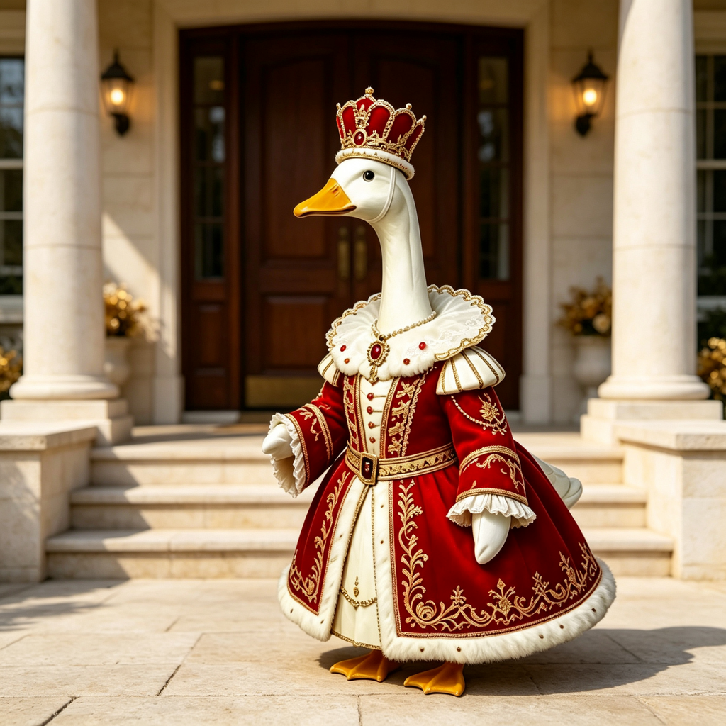 Royal King‑Inspired Goose Costume Outfit for 23 Inch Lawn Goose Statue, Regal Red‑Gold Robe with Ornate Crown, Majestic Porch & Manor Yard Display Decor, Goose Statue NOT Included
