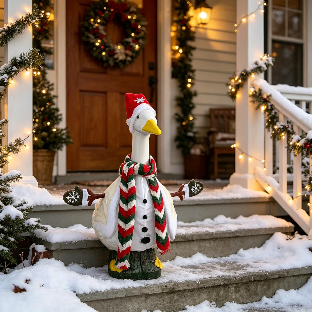 Snowman‑Style Winter Lawn Goose Outfit for 23‑Inch Lawn Goose Statue, Seasonal Figurine Costume with Knit‑Look Scarf & Snowflake Accents, for Indoor & Snowy Porch Display, Goose Statue NOT Included