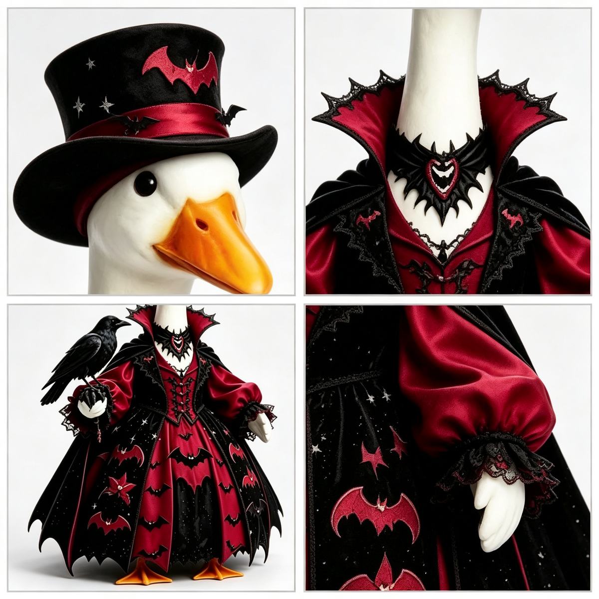 Gothic Vampire‑Style Goose Costume Outfit for 23 Inch Lawn Goose Statue, Dark Spooky Themed Attire with Top Hat & Crow Accent, Dramatic Porch Yard Display Decor, Goose Statue NOT Included
