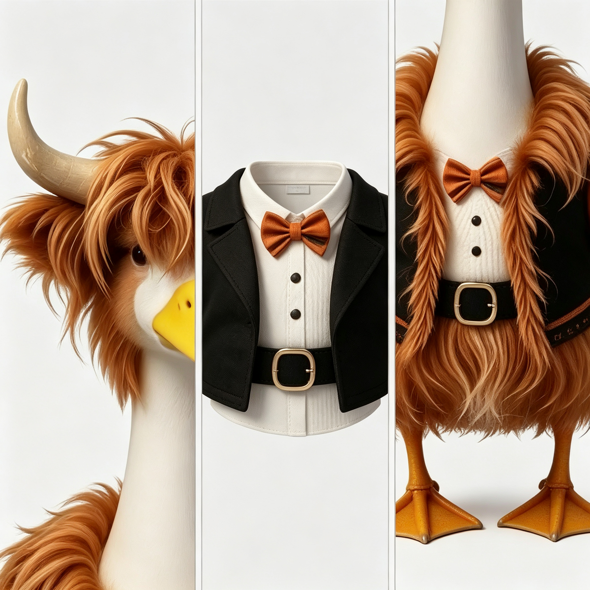 Highland Bull‑Style Goose Costume Outfit for 23 Inch Lawn Goose Statue, Horned Headpiece with Vest & Bow‑Tie Accents, Rustic Country Cabin Yard Porch Display Decor, Goose Statue NOT Included