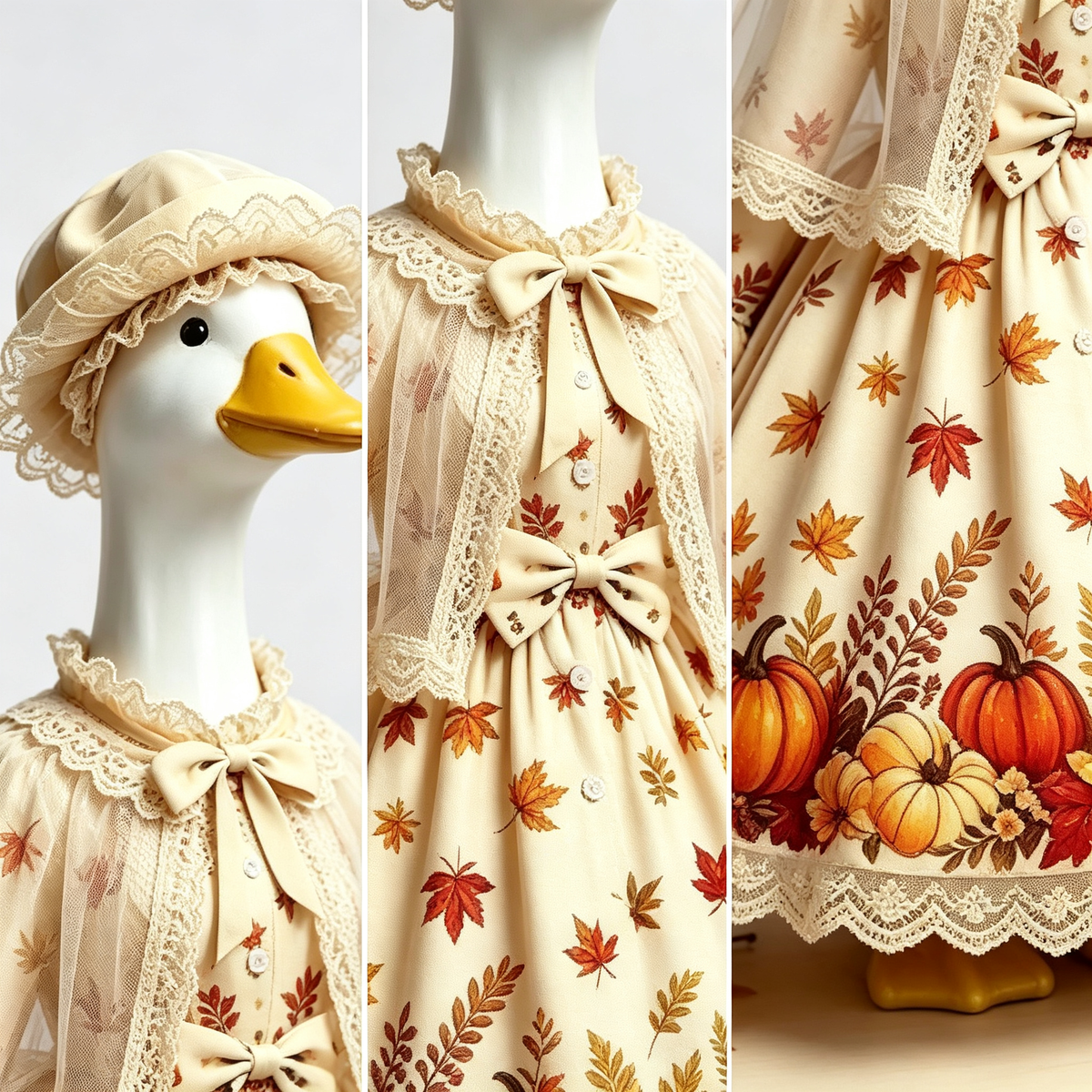 Vintage Autumn Palace‑Style Goose Costume Outfit for 23 Inch Lawn Goose Statue, Fall Themed Dress with Lace Cape & Beret Hat, Retro Porch Garden Seasonal Display Decor, Goose Statue NOT Included