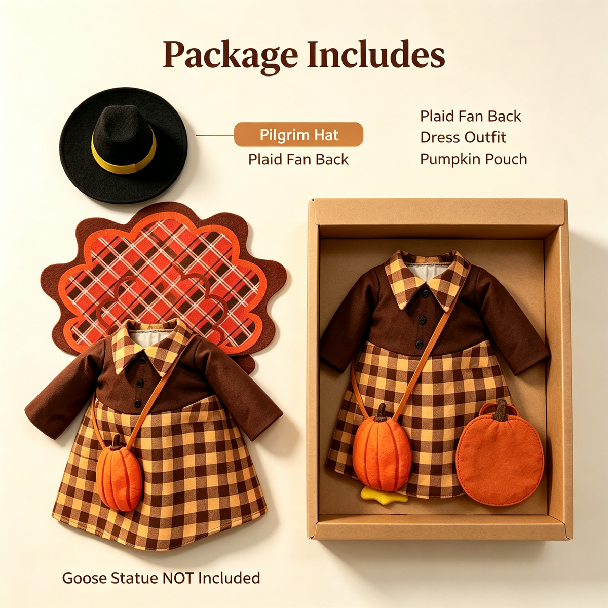 Fall Harvest Farmhouse Goose Outfit for 23‑Inch Lawn Goose Statue, Seasonal Figurine Costume with Pilgrim Hat, Turkey Tail Decor & Pumpkin Pouch, Yard Porch Display Outfit, Goose Statue NOT Included