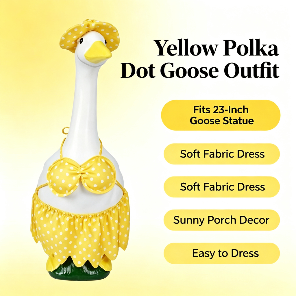 Yellow Polka‑Dot Beach Style Goose Outfit, Summer Porch Goose Costume Set with Sun Hat, Decorative Outfit for 23‑Inch Lawn Goose Statue, Goose Figure Not Included