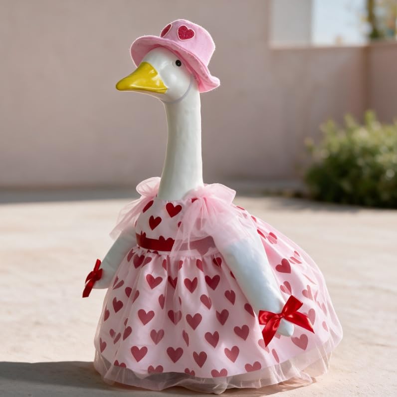 Valentine's Day Heart Porch Goose Outfit for 23 Inch Lawn Goose Statue, Costume Set with Heart Decorated Hat & Pink Tulle Heart Print Dress, Romantic Holiday Yard Decor, Goose Statue Not Included