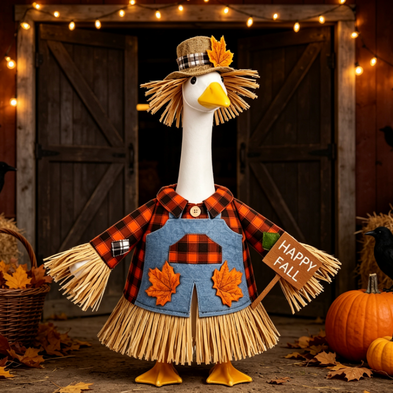 Charming Scarecrow Porch Goose Outfit for 23 Inch Lawn Goose Statue, Full Rustic Farmhouse Autumn Costume for Harvest & Thanksgiving Decor, Goose Figure Sold Separately